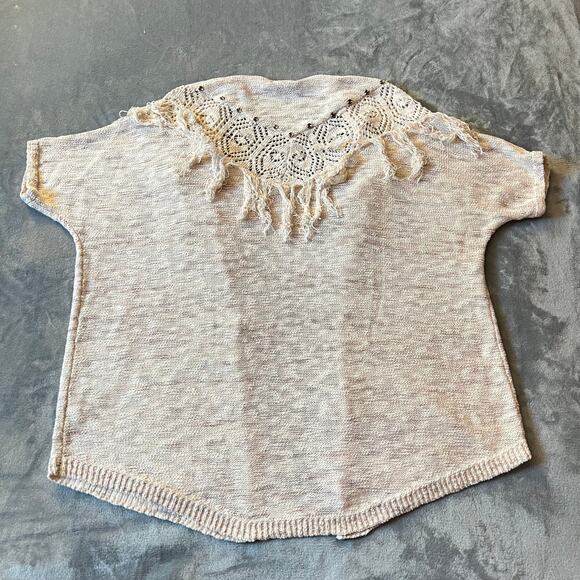 Knox Rose Short Sleeve Open Front Pointelle Knit Fringe Cardigan Size M Boho - Picture 2 of 10